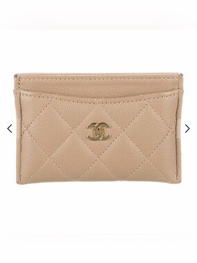 CHANEL Beige Quilted Card Wallet with Gold CC Emblem